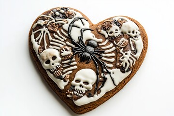 Naklejka premium Spooky Halloween Heart Shaped Gingerbread Cookie Decorated with Skulls Spiders and Bones Delicious Autumn Treat Festive Holiday Baking food dark sweet