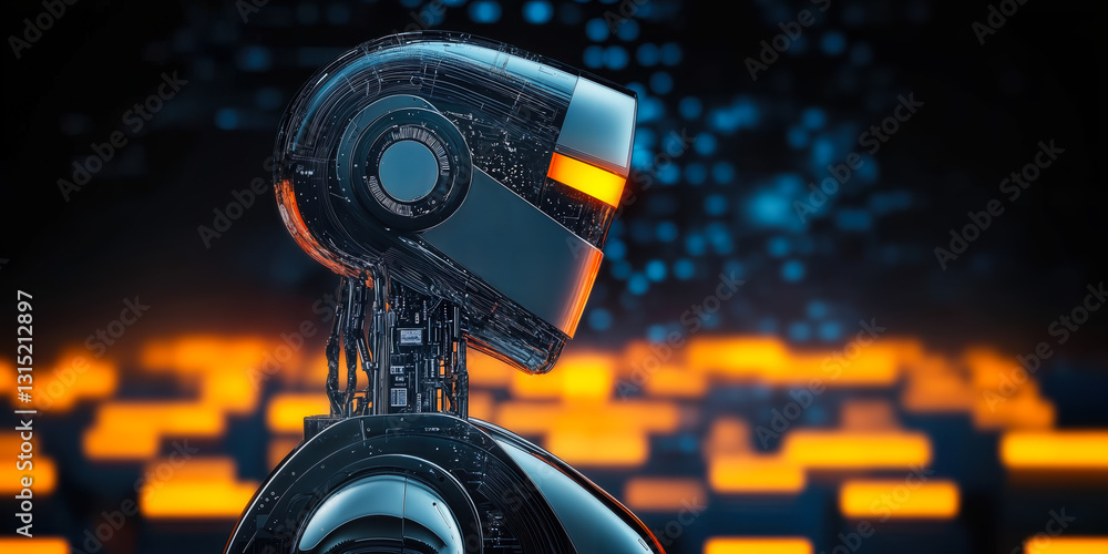Poster futuristic robot head with digital interface on blurred background representing automated voting tec
