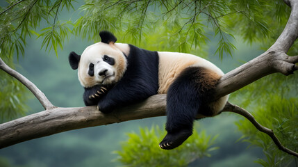 Fototapeta premium Lazy Panda Bear Sleeping on a Tree Branch, China Wildlife. Bifengxia nature reserve, Sichuan Province.