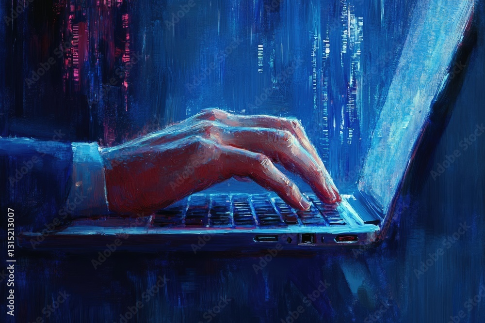 Fototapete a hand types on a laptop, code flowing from the screen, depicting late-night coding or hacking.