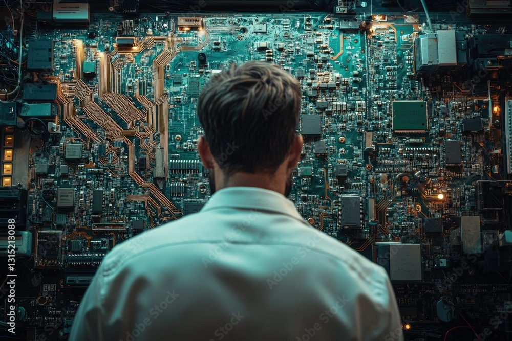 Poster A man gazes at a complex circuit board, showcasing intricate technology and engineering.