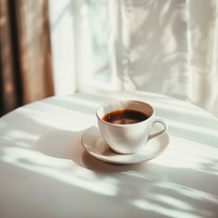 Cup of coffee on the white table 