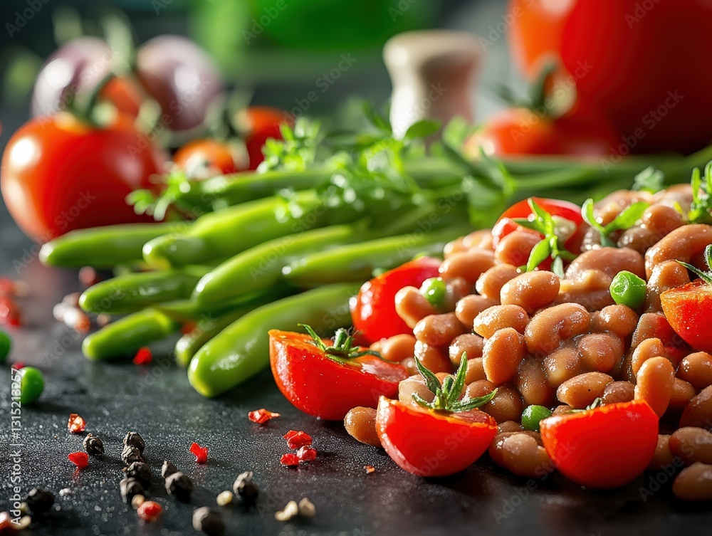 Poster fresh beans and colorful vegetables arranged beautifully on a rustic table creating a vibrant and he