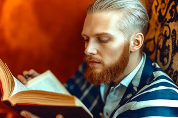Fototapeta premium Man with a beard is reading a book. He is wearing a blue and white striped shirt