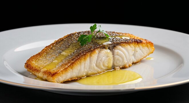 Chilean sea bass fillet with sauce on white plate for seafood restaurant menus, cooking blogs, healthy eating websites, gourmet recipe collections, and food photography