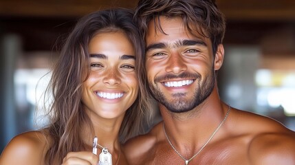 Smiling Couple Enjoys a Sunny Day at the Beach While Holding a Set of Keys