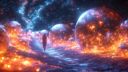 Obraz premium Glowing Orbs Amid Mist in a Shattered Galaxy Landscape