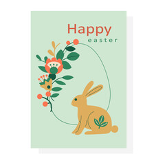 Easter scandi card template with bunny, flowers. Hand-drawn vector illustration in flat style.