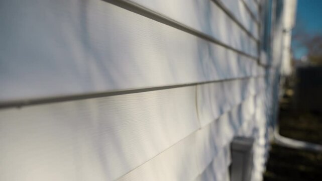 White siding house wall with clean, modern panels, providing a sleek and classic exterior look. Close up view