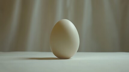 Single white egg on a table against a blurred background.
