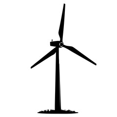 An illustration featuring a black wind turbine silhouette set against a clean white background depicting a turbine with detailed blades and tower.