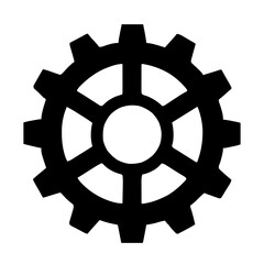 An illustration featuring a black cog silhouette set against a clean white background showing a detailed gear with interlocking teeth and circular center.