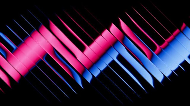 Looping 3D animation of an abstract pattern with a pink blue zigzag gradient that reflects and slides inside glossy divided diagonal lines, creating a dynamic visual effect. 2K cycled video