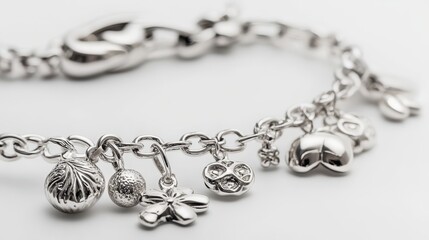 A close-up of a handmade sterling silver bracelet with charms on a white isolated background