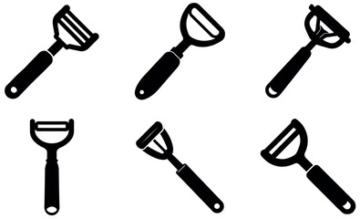 A set of six silhouette icons, showcasing different types of kitchen peelers.