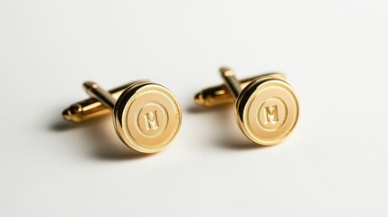 A set of elegant gold cufflinks with custom initials engraved on a white isolated background