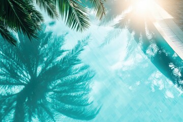 Serene turquoise pool with palm tree shadows cast on the surface, evoking a tropical paradise.