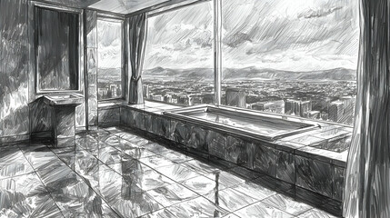 Fototapeta premium Luxurious bathroom with city view, bathtub, and large window, perfect for relaxation and travel brochures