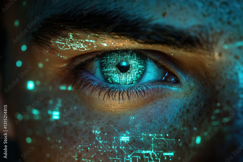 Aufkleber close-up of a human eye with digital data overlay, symbolizing technological integration with human 