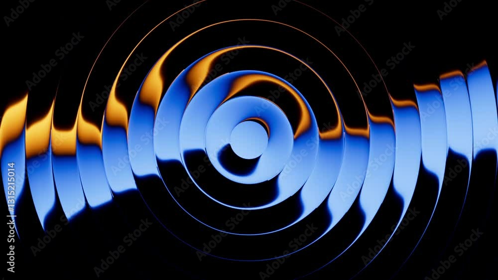 Poster looping 3d animation. abstract minimalist background of flat discs with reflection. blue and yellow 