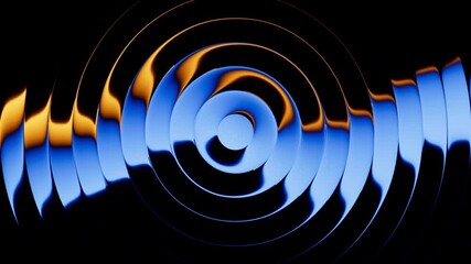 Looping 3D animation. Abstract minimalist background of flat discs with reflection. Blue and yellow gradient transforms and changes colors inside the round geometric shapes - Powered by Adobe