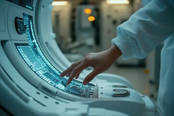 A person's hand interacts with a futuristic, curved touchscreen interface displaying lines of code.