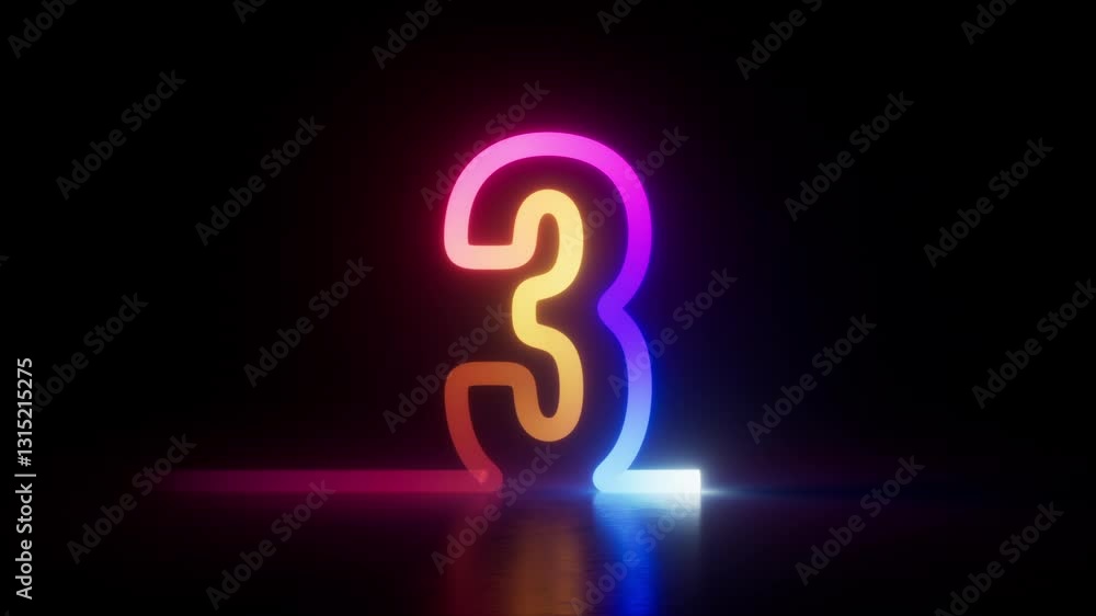 Poster 3d rendered animation of neon countdown from one to ten. linear neon numbers glow with bright colors