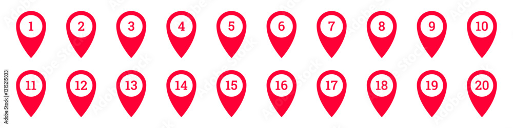Poster icon set featuring red map markers numbered from one to twenty. simple and easily recognizable.