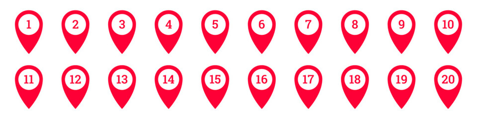 Icon set featuring red map markers numbered from one to twenty. simple and easily recognizable.