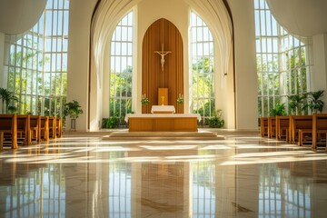 Sunlit sanctuary with wooden pews, altar, and crucifix; serene and peaceful atmosphere.