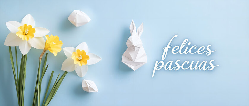 pancarta de deseos de vacaciones de Pascua; Un dise&ntilde;o interesante y &uacute;nico con un conejito de Pascua y narcisos