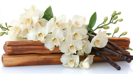 Aromatic orchid blossoms and vanilla pods arranged on wooden sticks