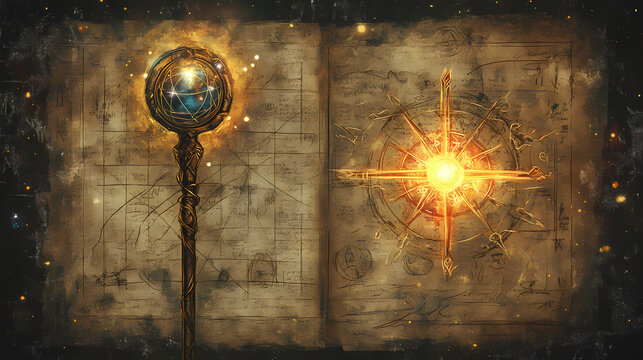 Mystical staff with cosmic orb an artistic representation of ancient knowledge and arcane symbols on aged manuscript. Arcane - Portal. Illustration