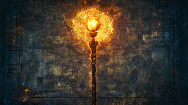 Mystical staff with cosmic orb an artistic representation of ancient knowledge and arcane symbols on aged manuscript. Arcane - Portal. Illustration