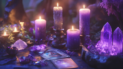 Mystical tarot reading setup with candles, crystals, and purple hues in enchanting dusk atmosphere, tarot, candles, crystals. Arcane - Portal. Illustration