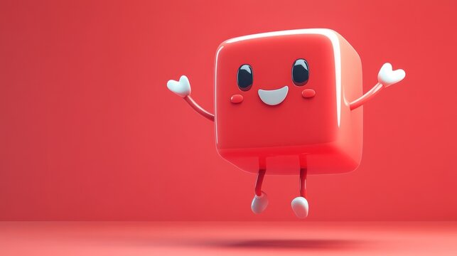Happy red cube character jumping on red background.