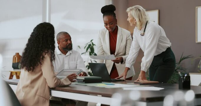 Tablet, documents and business people in meeting, team and ad agency with feedback for project. Group, technology and employees in workplace, laptop and report for sales growth and profit increase