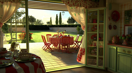 Sunny Italian garden patio breakfast; red & white checkered tablecloth; green kitchen; idyllic countryside view; for home decor websites