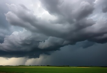 Imposing dark storm clouds loom, heavy with impending rain, dramatic, black