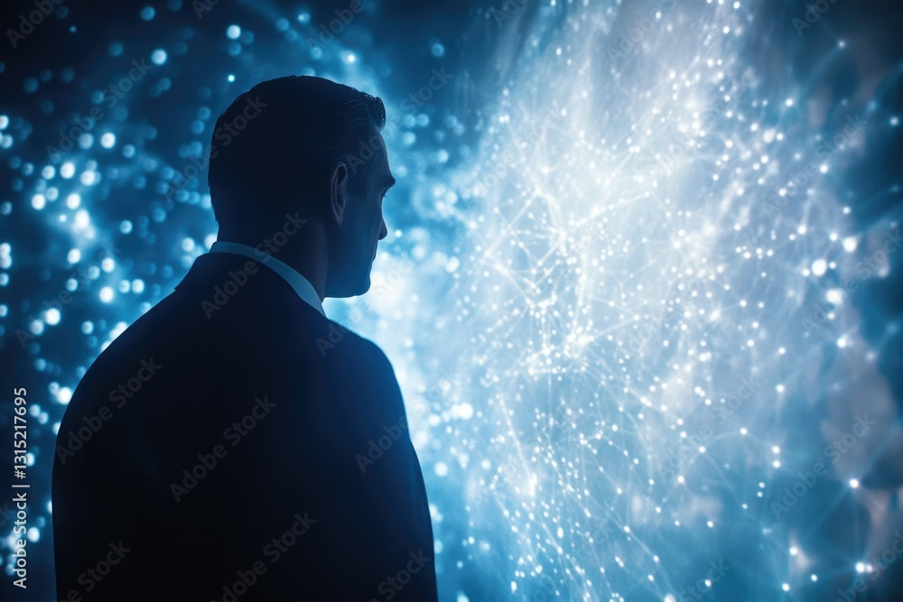 Poster a businessman contemplates a complex network of connections, symbolizing data, technology, and the f