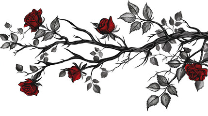 Thorny rose branch with red roses and black leaves illustration