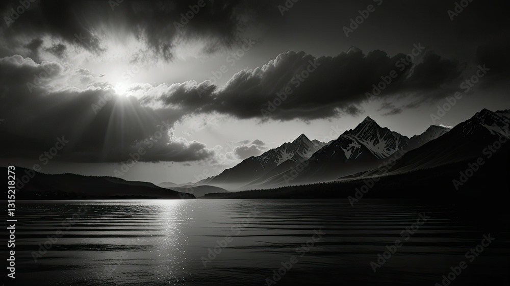 Poster dramatic clouds hover over towering mountains as soft light breaks through casting reflections on se