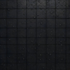 "A dark, wet tiled surface with water droplets scattered across it. The tiles are evenly arranged in a grid pattern, creating a moody and industrial aesthetic. "