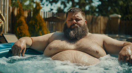 Bearded man relaxing in outdoor hot tub