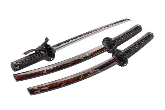Elegant wakizashi paired with a matching katana set isolated on transparent background