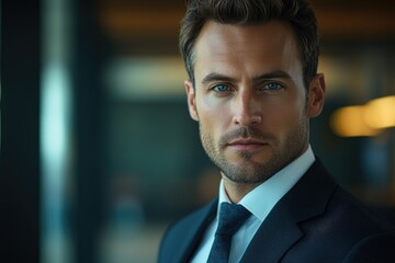 Fototapeta premium A handsome man in a suit, serious expression, blue eyes, corporate setting.