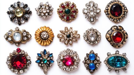 A collection of vintage brooches with rhinestone embellishments on a white isolated background
