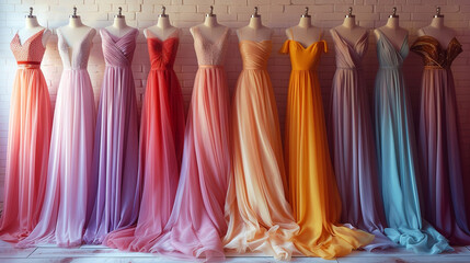 Colorful bridesmaid dresses on mannequins.