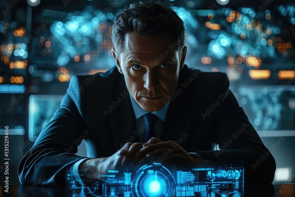 Poster A serious man in a suit sits before a futuristic interface, monitoring data streams and digital information.