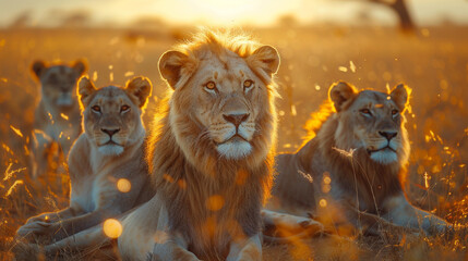 Majestic Lions in Golden Sunlight.